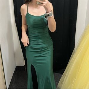 Emerald green silk prom dress